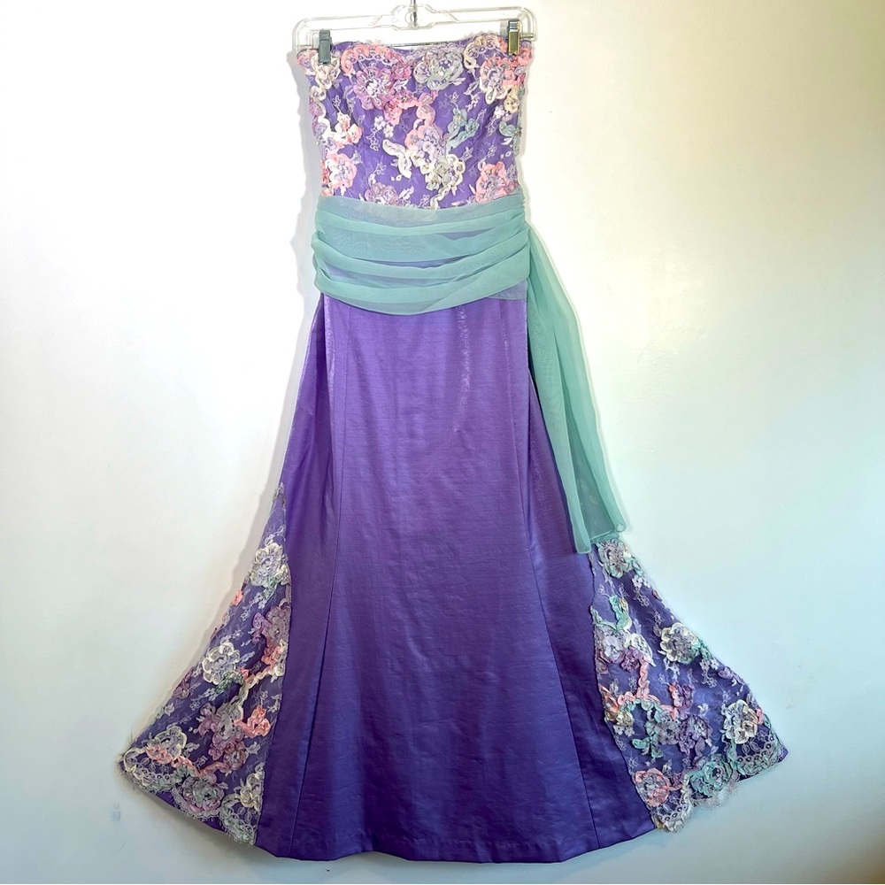 Nicole Miller Strapless Embroidered Embellished Lace Corset Mermaid Maxi Dress 6